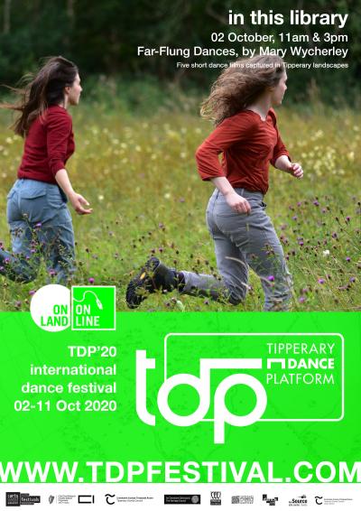 Poster featuring green box, white text and two female dancers running in a field.